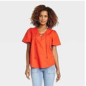 Knox Rose Top Womens Size Small Orange Red Short Sleeve Lace Front Cotton
